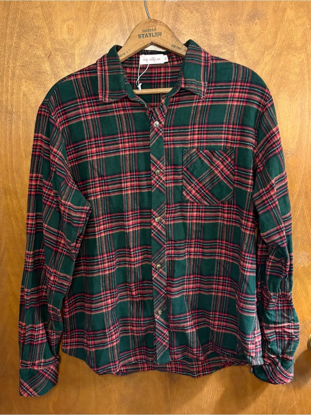 Ivy City Co Green & Red Plaid Button Down Shirt XL Top Boho Flannel Modest Work